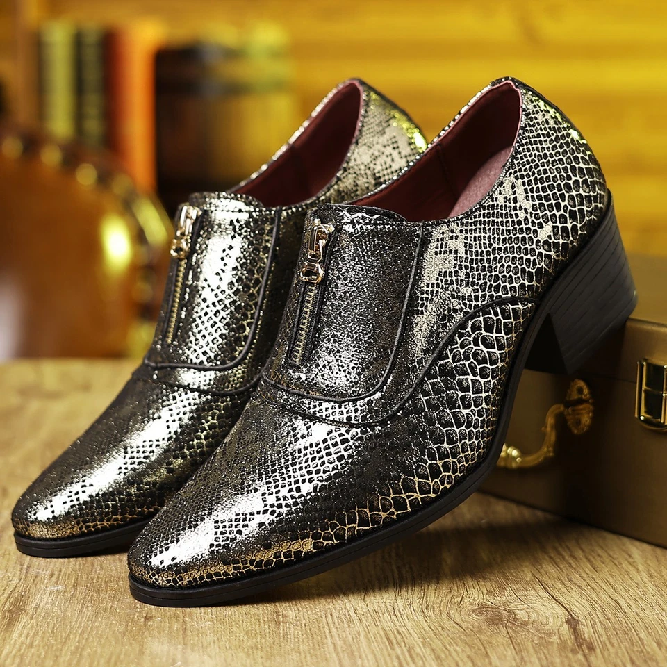 Men's Snake Print Dress Shoes Zip Front Pointed Toe Shiny Block Heel - Image 3 of 4