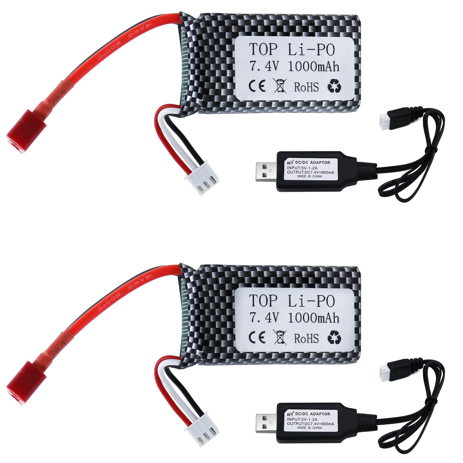 7.4V 1000mAh Li-ion Battery - 2 Pack 2S 30C Batteries with T Plug for RC Truc...