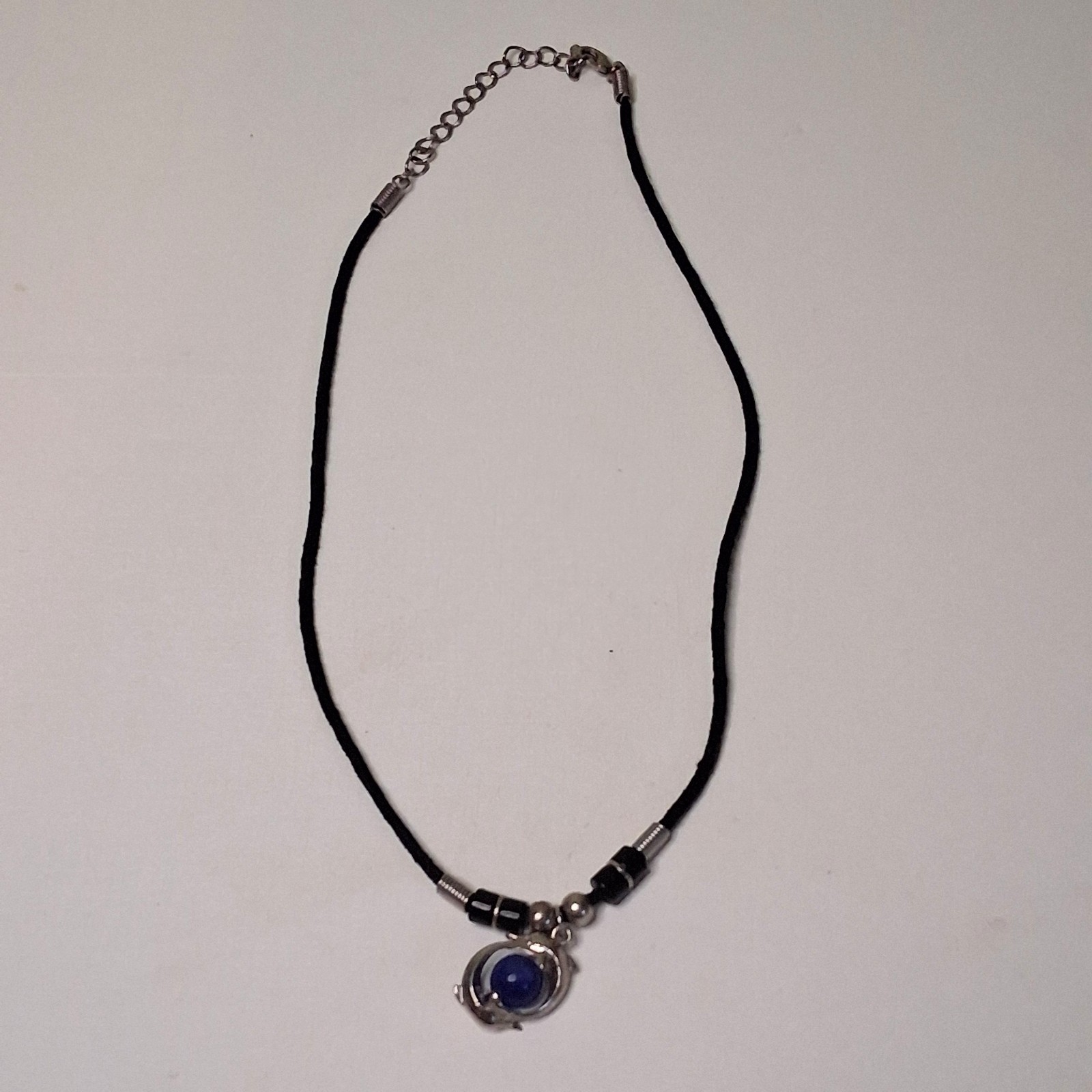 Dolphin Pendant Necklace Blue Stone Black Cord Silver Tone Vintage