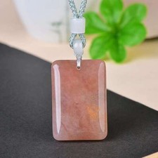 Natural Pink Jade Hand Carved Ping An Pendant With Hand Braided Rope