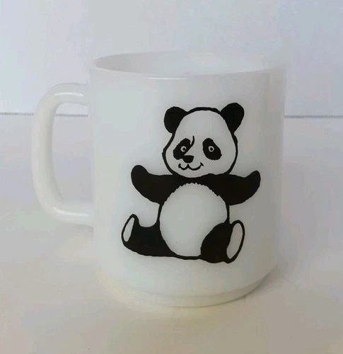 Vintage Milk Glass Stacking Panda Bear Coffee Mugs Black And White Glasbake