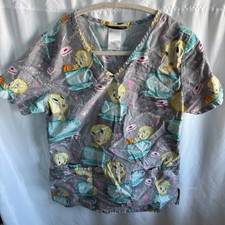 Looney Tunes Tweety Bird Scrub Top Women s XS Gray Coffee Print VGUC Extra Small
