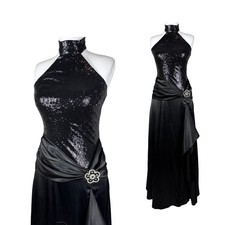 Vintage Black Sequin Halter Maxi Dress: Y2K Satin Evening Gown