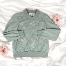 Green Flower Embroidered Pullover Sweater Vintage 90s Cottagecore Granny Size PS