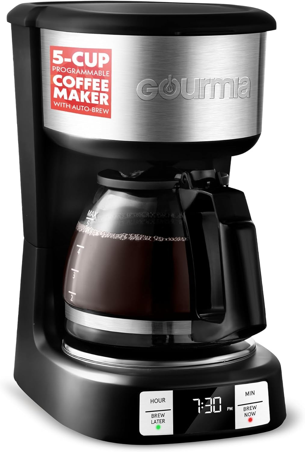 "Gourmia 5-Cup Drip Coffee Maker, One-Touch Brew, Keep Warm, Black"