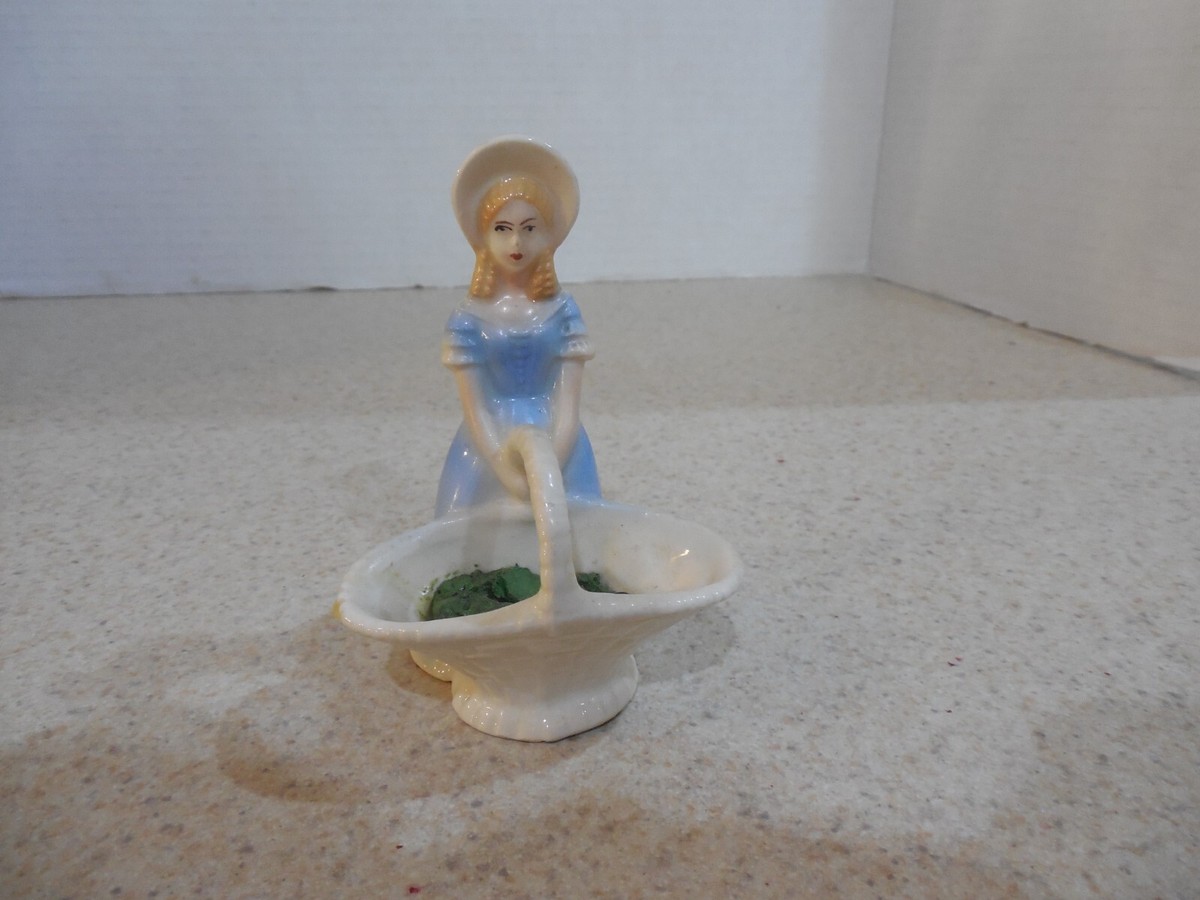 Vintage Porcelain Flower Girl Lady Figurine Basket Blue Dress