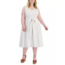 TAYLOR Plus Size Cotton Embroidered Tie-Waist Dress White 22W
