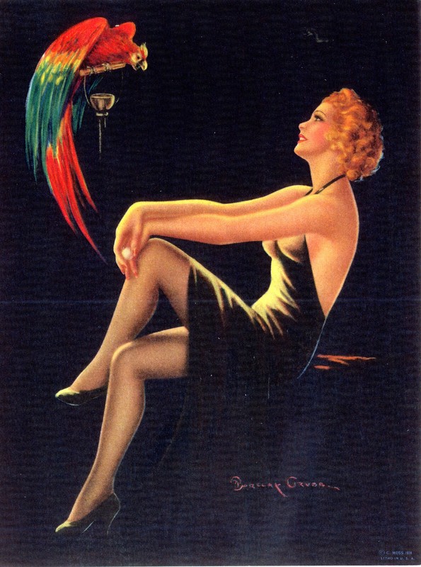 Vintage 1938 Pin-Up Print Art Deco Barclay Grubb Flapper Parrot Pretty Polly