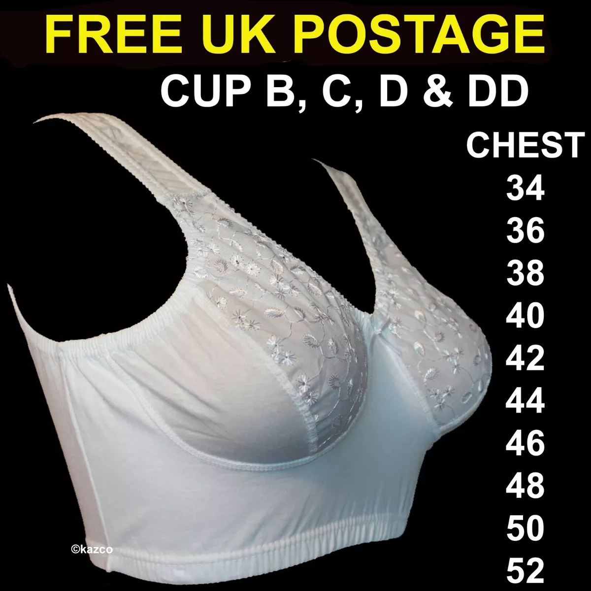 Ladies COTTON PULL ON BRA White Chest Size 32 to 52 Cup B - DD Non