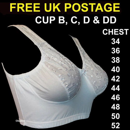 Ladies COTTON PULL ON BRA White Chest Size 32 to 52 Cup B - DD Non Wire Bra