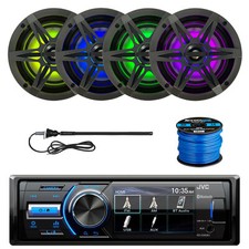 JVC Marine Bluetooth Receiver, 4x 6.5" LED Speakers w/Grilles, Antenna, Wire