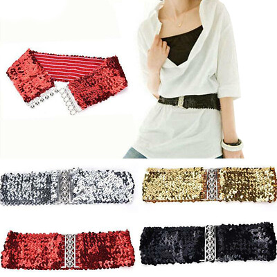 Women Sequin Glitter Dress Belts Buckle 