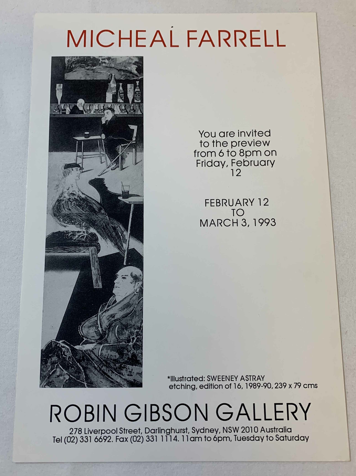 1993 art gallery exhibition card ~ MICHEAL FARRELL ~ 6x9 ~ Robin Gibson Gallery