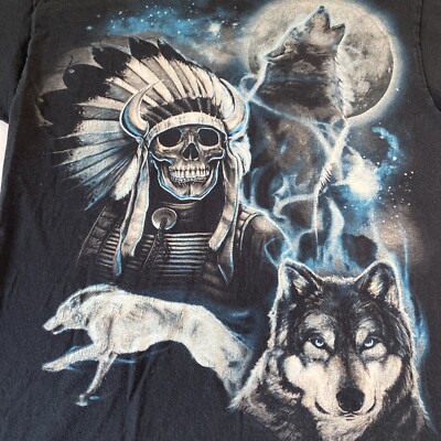 Wolf Howling At The Moon Indian Warrior Skeleton Sz M Vintage T-shirt (D1)