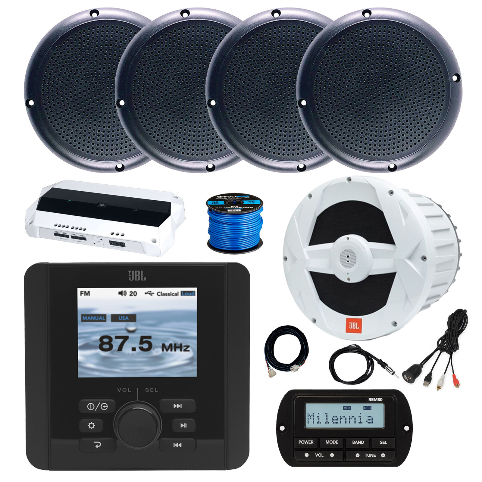 JBL Marine Bluetooth AM/FM/WB Radio, Remote, Amp, Sub, Accessories, 4x Speakers