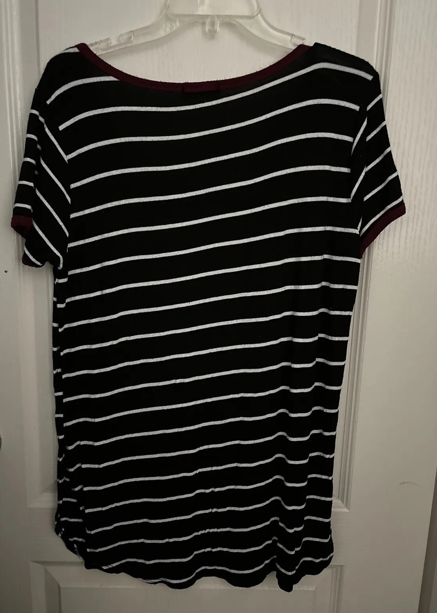 VTG Love J Soft Black White Striped T-Shirt Top, Emoji Patches