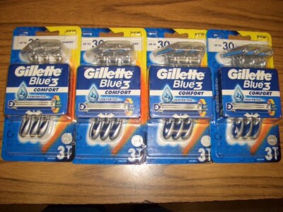 4 Packs-Gillette Blue 3 Comfort 3-Blade Disposable Razors -Total of 12 Razors
