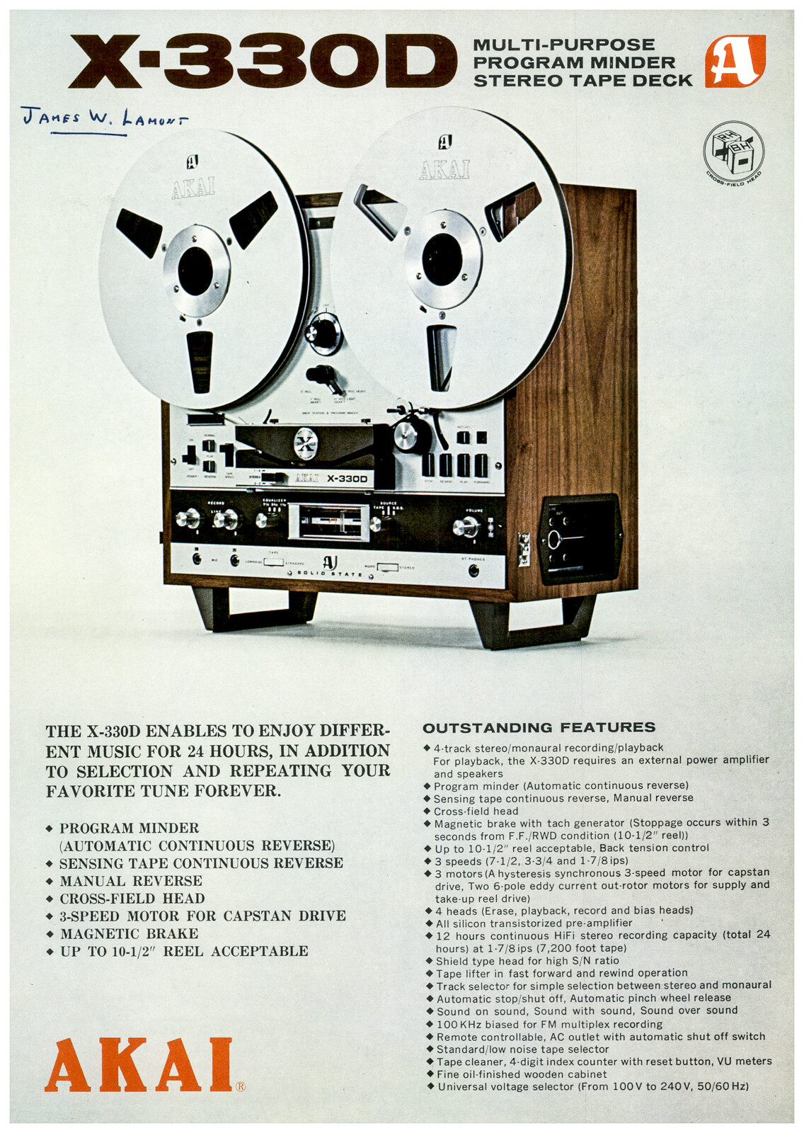Akai X-330D Reel to Reel Dealer Data / Spec Sheet Brochure  *Original*