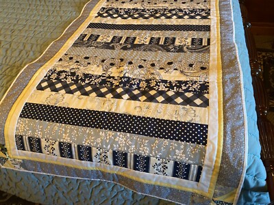 Quilted BED RUNNER; 100% Cotton; Blue, Navy, White, Yellow Accent Striped Fabric
