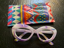 vintage RETRO art cat eye glass frame with colorful case lavender pink yellow