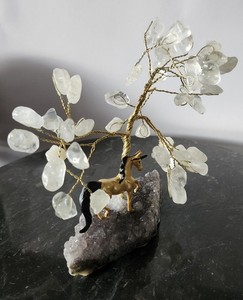 Brazilian White Quartz Gemstone Tree & Unicorn on Amethyst Cluster Crystal Decor