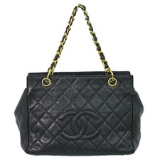 CHANEL CC Matelasse Leather Chain Tote Handbag Black Gold