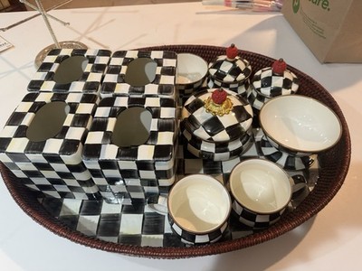 MacKenzie-Childs Courtly Check 1 Ratan Tray/3 Squash Pots/2 Cups/4 Tissue Boxes+