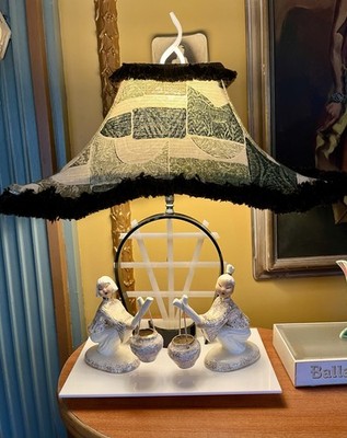 Vintage 1950s MCM Moss Lamp Hedi Schoop Asian Figures Barkcloth Vintage 1950s MCM Moss Lamp Hedi Schoop Asian Figures Barkcloth