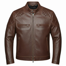 Men’s Brown Genuine Leather Biker Jacket with Quilted Shoulder Design.