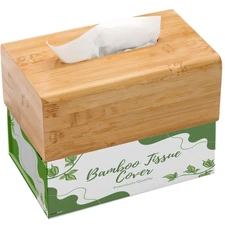 Bamboo Tissue Box Cover - Water-Resistant Rectangular Wooden Facial Tissue Bo...