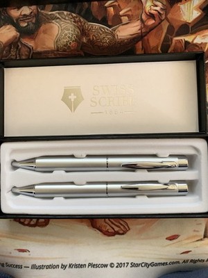 Swiss Scribe White Pen & Pencil Set Chrome Tips Refillable with Gift Box