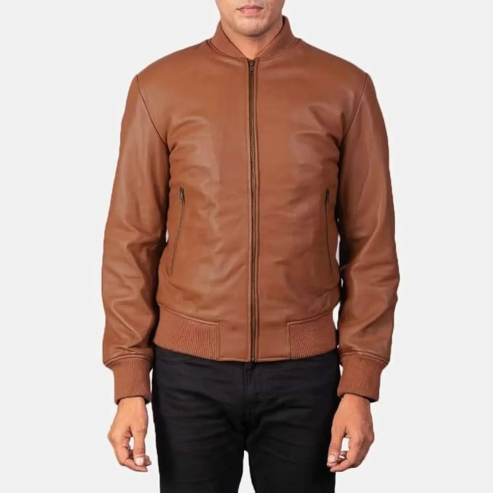 Men's Leather Bomber Jacket, Varsity Collar, Zipper Closure, Casual and Stylish image 2