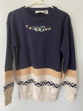 Vtg Weathervane Cotton Sweater Navy White Geometric Stripes Cottagecore 90's S