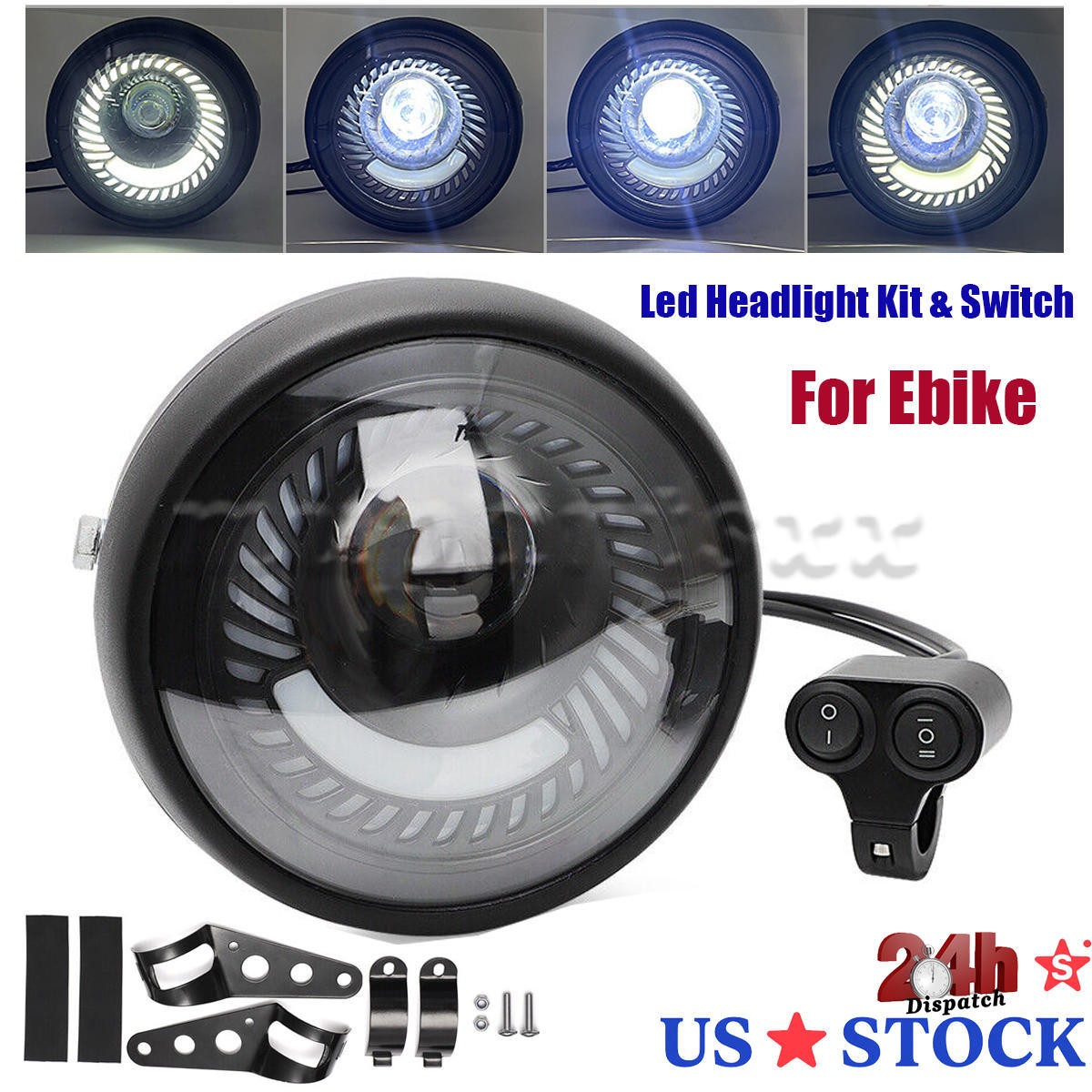 For Ebike LED Headlight 12V-80V With Switch Plug & Play Hight Beam Low Beam Kit