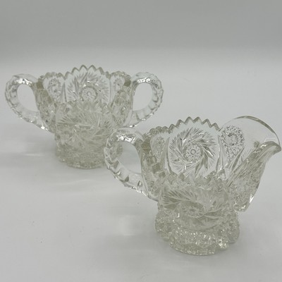 Vintage L.E. Smith Quintec Pattern Creamer & Sugar Set Crystal Clear Glass