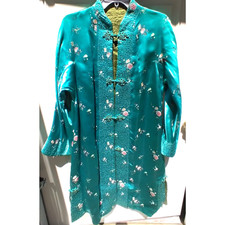 Wms Embroidered Aqua Floral Oriental Kimono Robe Gown Sm/Med Heavy Quality Flaw