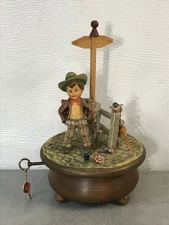 Thorens Rotating Music Box Man Deer Happy Wanderer Swiss Made Wood Vintage Works