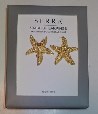 SERRA Gold Tone STARFISH SHELL SHAPED EARRINGS Pierced Beach Vacation  NEW W/BOX