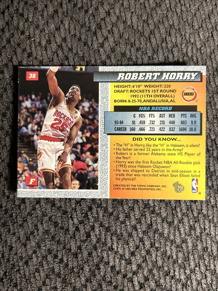 Topps 1995. Houston Rockets - Robert Horry. Tarjeta de baloncesto de la NBA #36  Foto 4 de 4