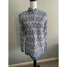 C Wonder Blue White Tunic Blouse Womens Sz XS Gold Button Shirt LS Top