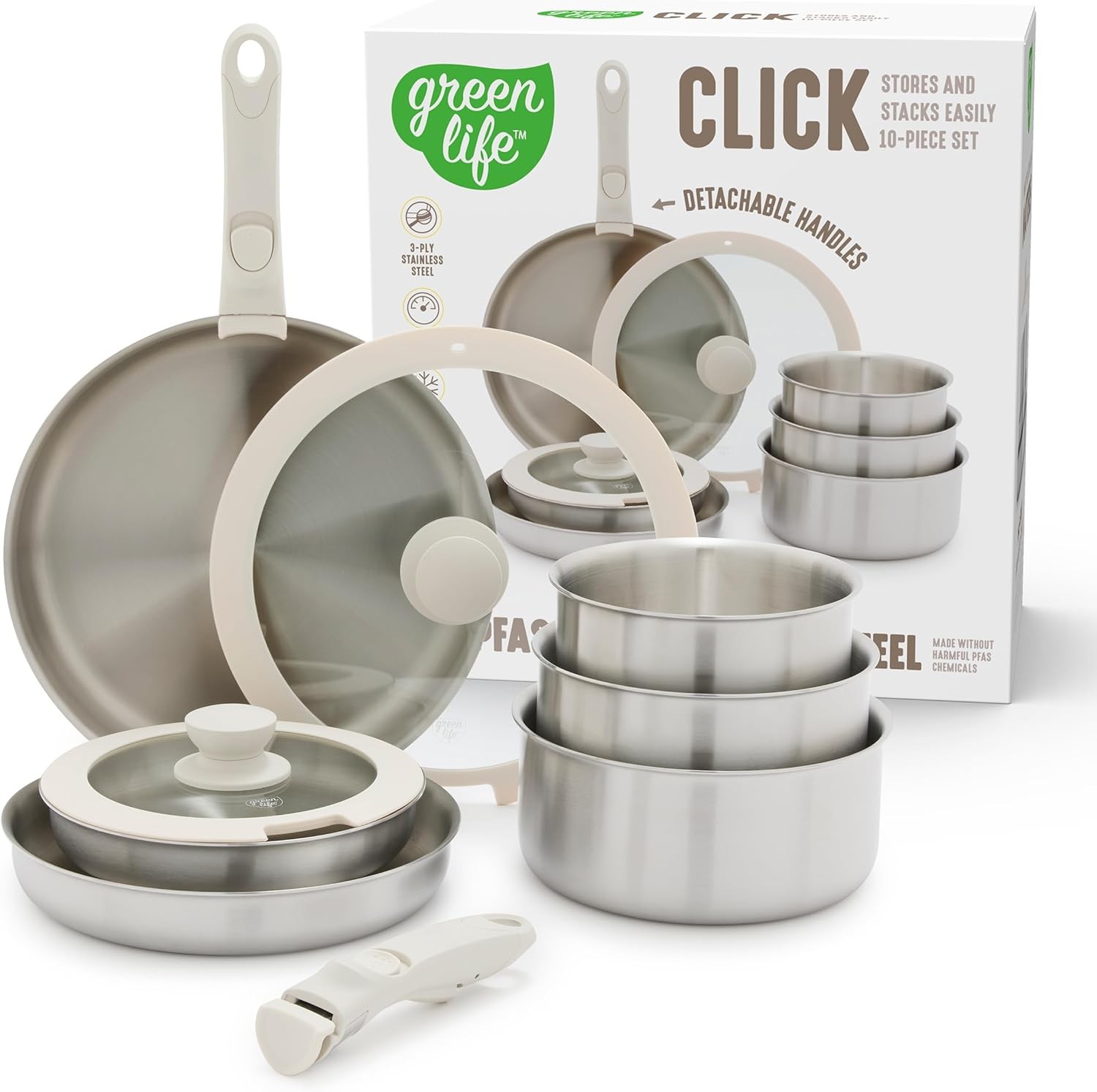 10 Piece Stainless Steel Pots & Pans Detachable & Stackable Kitchen Set Cookware