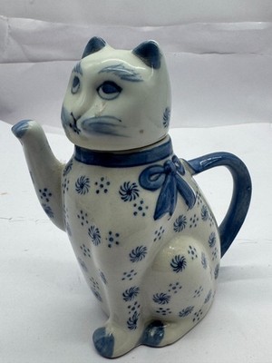 VINTAGE BLAU WEISSE GLÜCKSKATZE TEEKANNE CHINESISCHES PORZELLAN TEEKERAMIK MARKIERTER SOCKEL