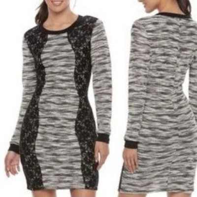 Three Pink Hearts black white long sleeve knit crocheted sheath dress sz M b36