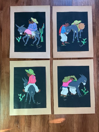 Lot 4 Vintage Mexican Folk Art Signed Kasep Gouache On Black Paper Chid Donkey 