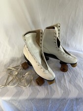 Vintage Roller Derby White Leather Quad Skates Brown Wheels Women  s Retro Rink 9