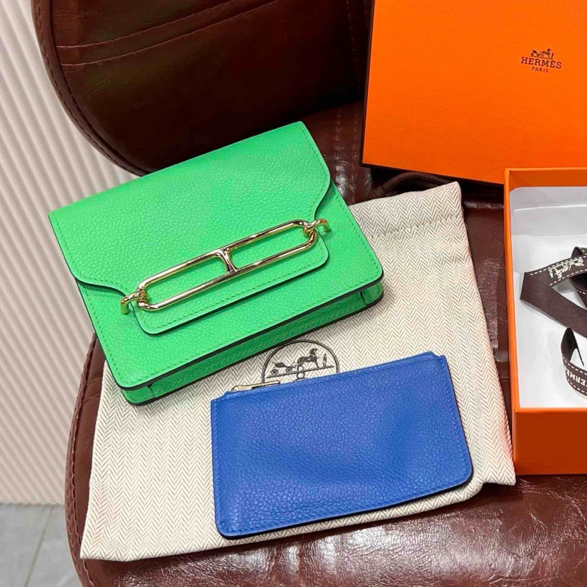 Hermes Roulis Slim Wallet Evercolor Leather Green Silver Women