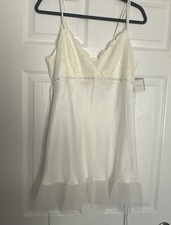 NWT Flora Nikrooz Ivory Satin Babydoll Nightgown Blue Ribbon Chiffon Sz L