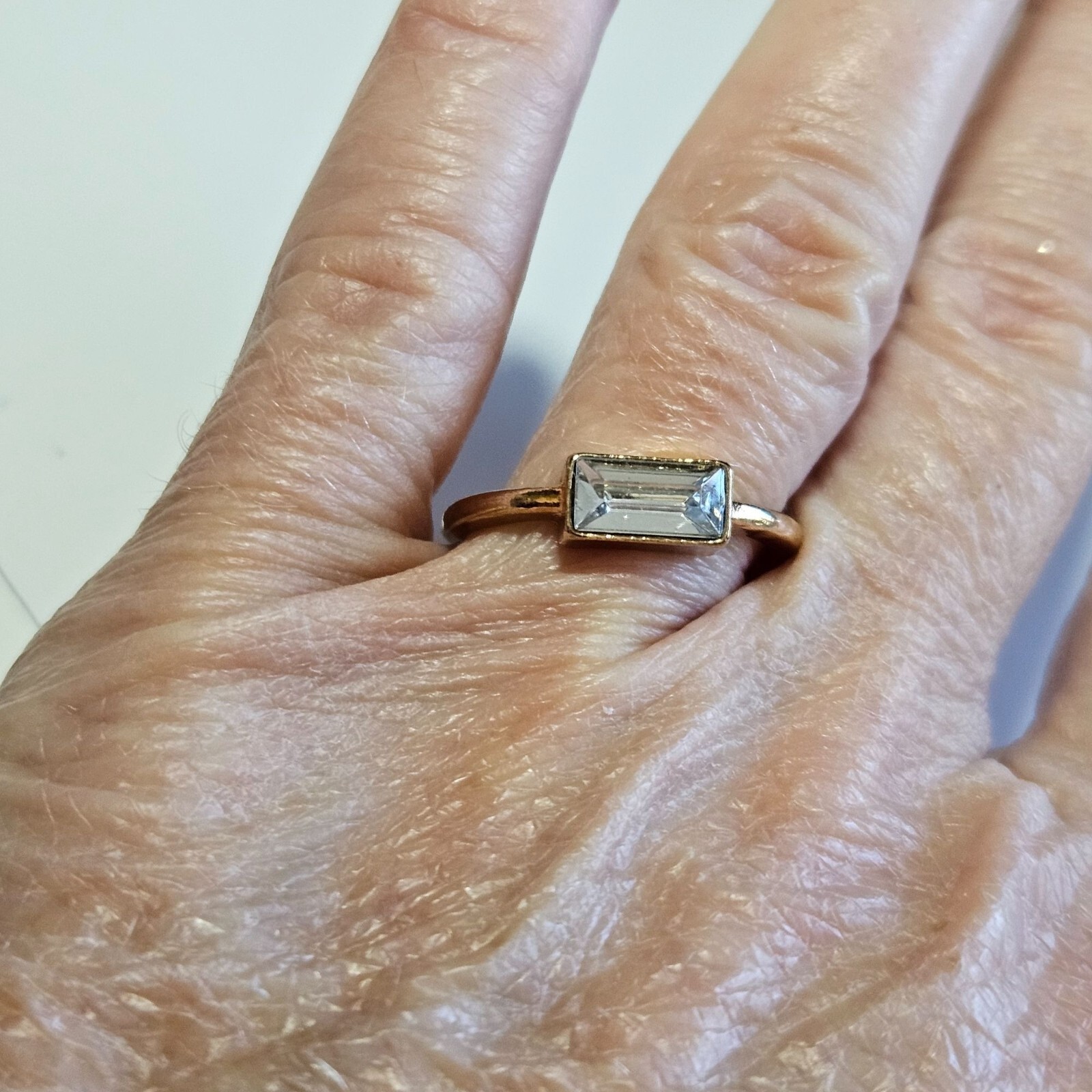 Gold Tone Clear Rectangular Rhinestone Ring Size 7 - image 3