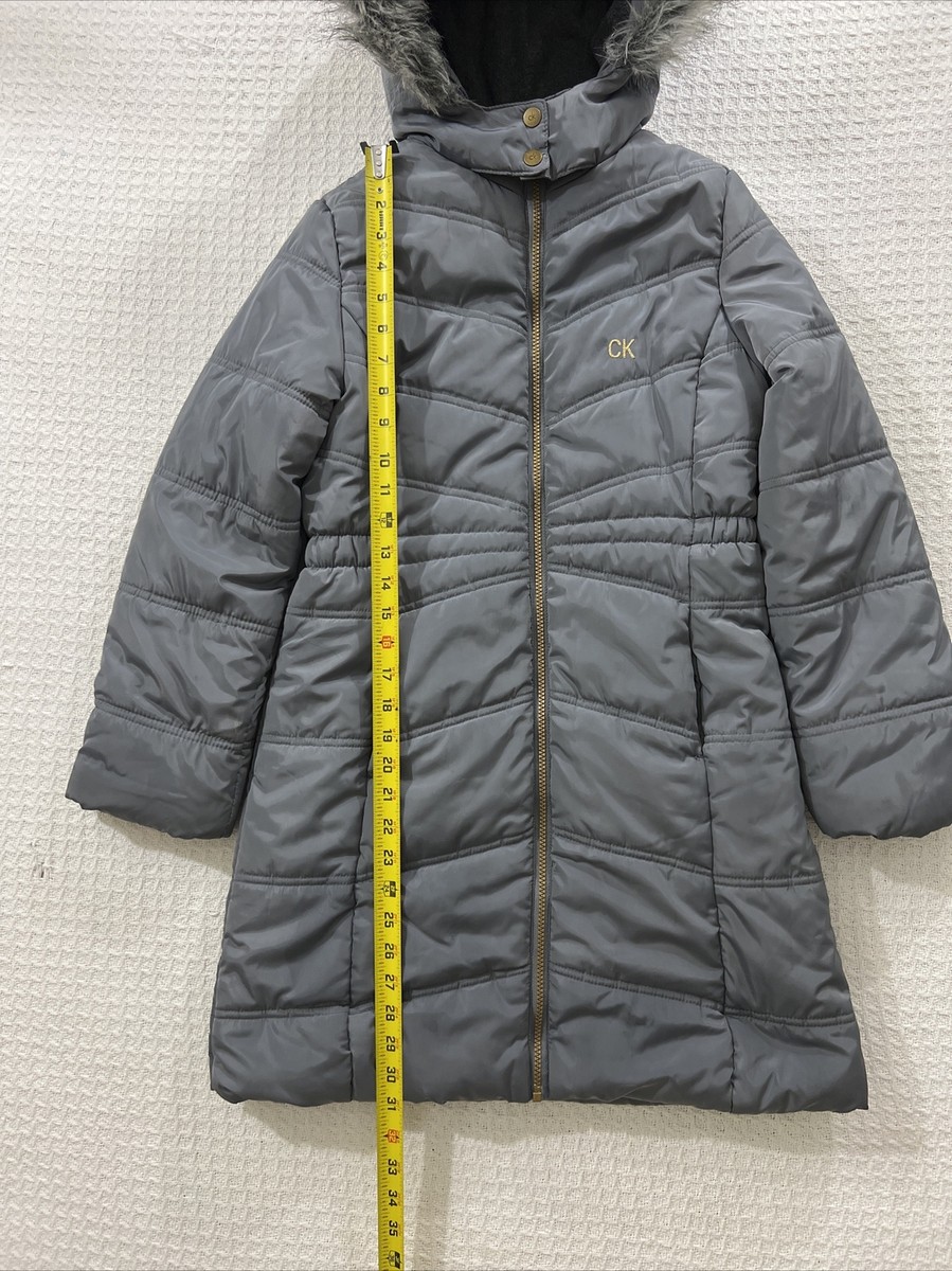 CALVIN KLEIN JEANS Ladies Long Puffer Jacket Hooded Faux Fur Size