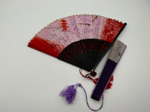 Two Vintage Oriental Fabric Bamboo Silk thread Folding Hand Held Fan - Picture 2 of 10